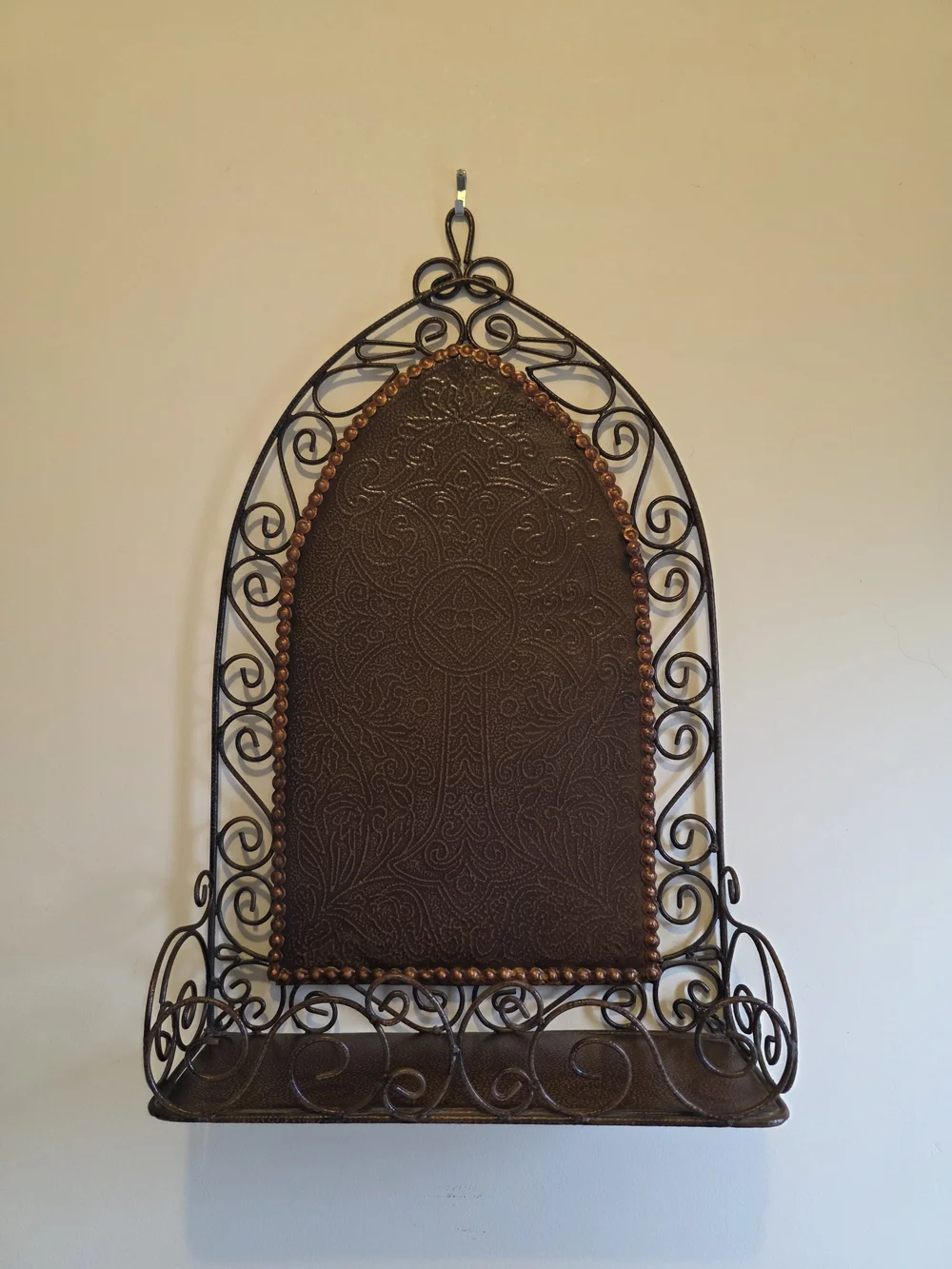 Decorative Antique Bronze & Copper Colord Metal Wall Shelf with Ornate Panel